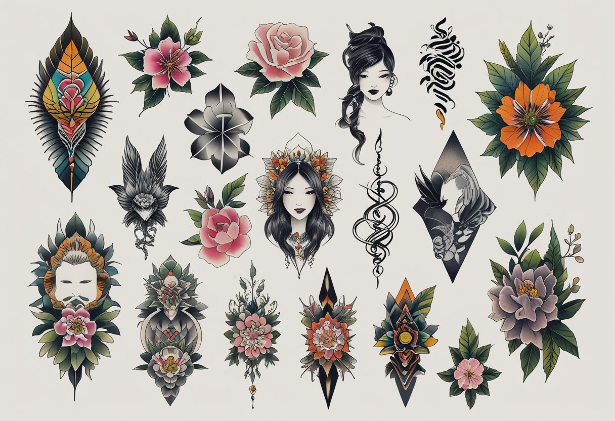 Ilustração profissional mostrando uma variedade de designs de tatuagem diferentes organizados de forma artística sobre um fundo neutro.