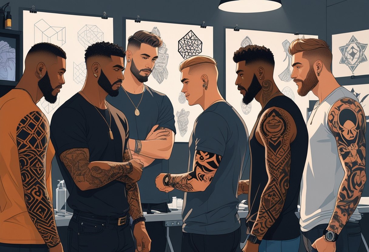 Ideias de tatuagem masculina: estilos, significados e inspirações Homens diversos observando e escolhendo diferentes ideias de tatuagens em um estúdio de tatuagem.