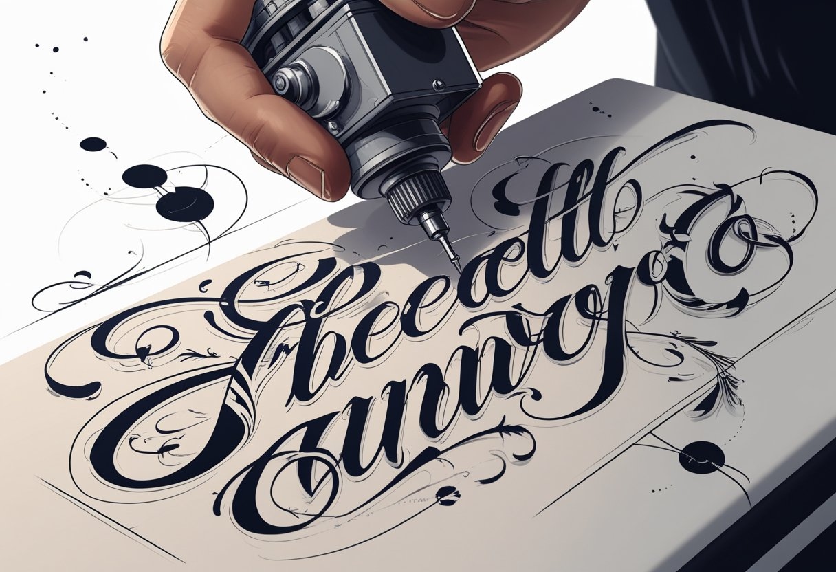 Um artista tatuando letras estilizadas no antebraço de uma pessoa, mostrando detalhes do processo de tatuagem.