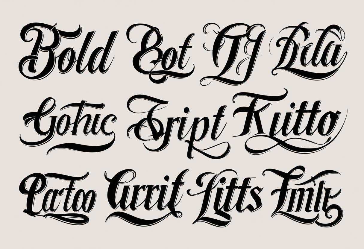 Vários estilos diferentes de letras para tatuagem exibidos em uma composição organizada sobre um fundo neutro.