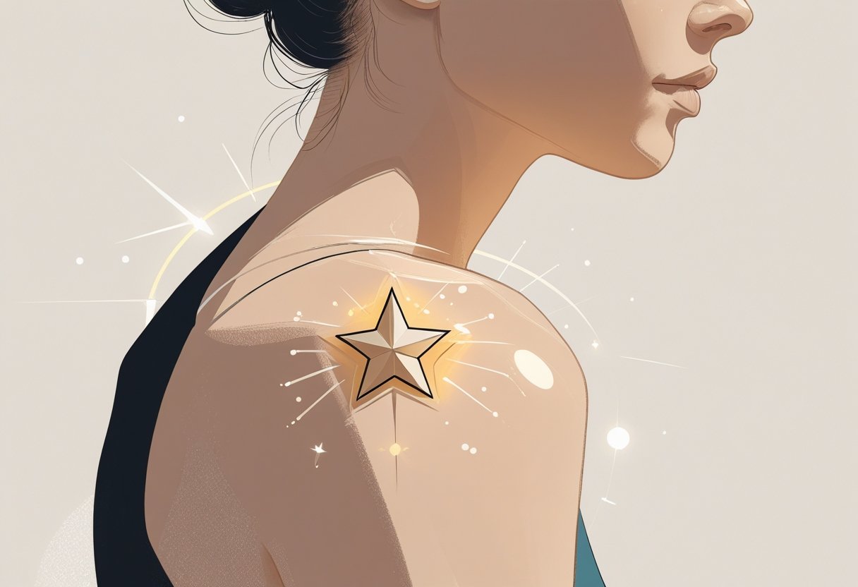 O Que Significa Tatuagem de Estrela no Ombro: Simbolismo e Significados Populares Ombro de uma pessoa com uma tatuagem de estrela destacada, mostrando detalhes da pele e do desenho da tatuagem.