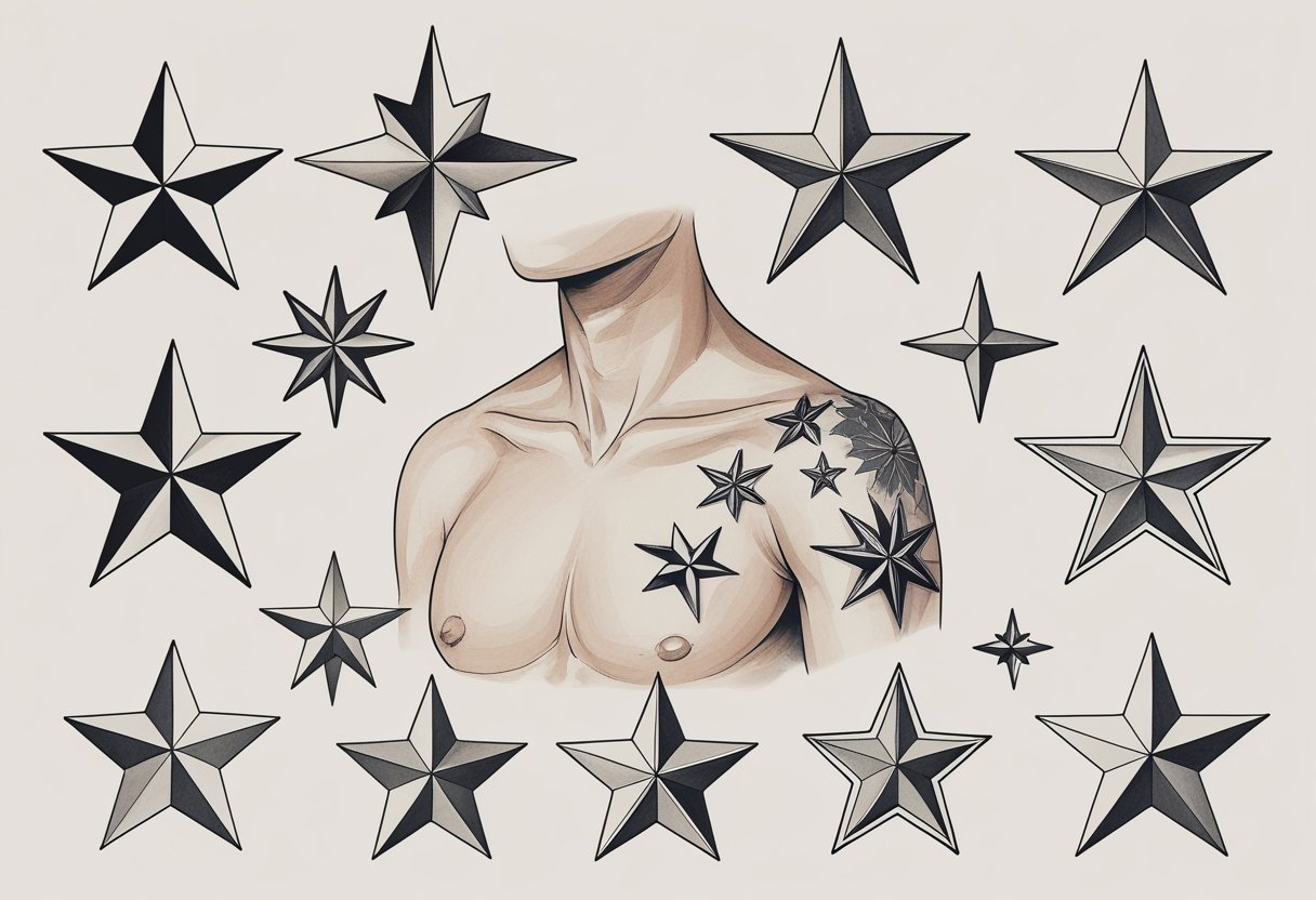 O Que Significa Tatuagem de Estrela no Ombro: Simbolismo e Significados Populares Ilustração detalhada de um ombro humano com diferentes tipos de estrelas tatuadas, mostrando vários estilos de estrelas usadas em tatuagens no ombro.
