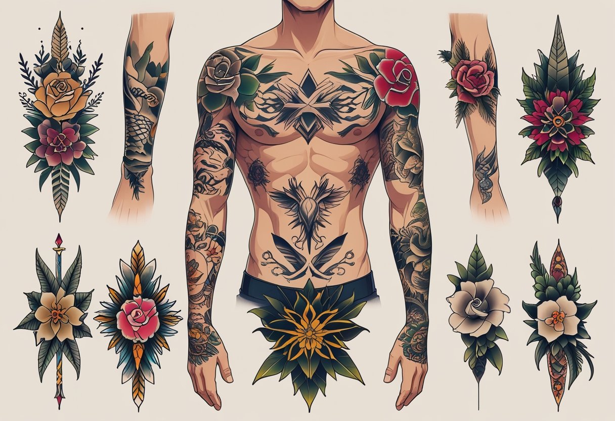 Ilustração profissional mostrando várias tatuagens diferentes em partes do corpo como braços, mãos e ombros.