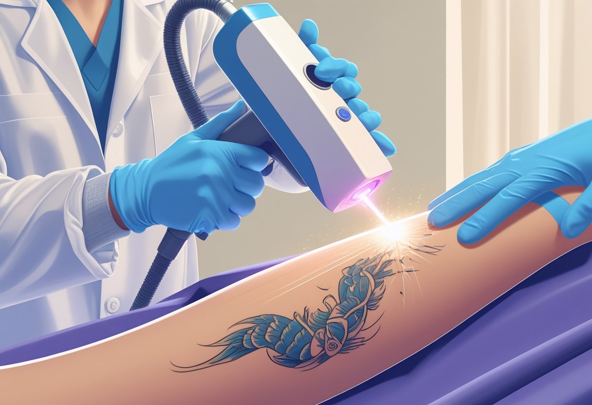 Remoção de Tatuagem a Laser: Como Funciona, Benefícios e Cuidados Uma pessoa recebendo remoção de tatuagem a laser no braço, com um profissional usando equipamento de proteção aplicando o laser em um ambiente clínico.