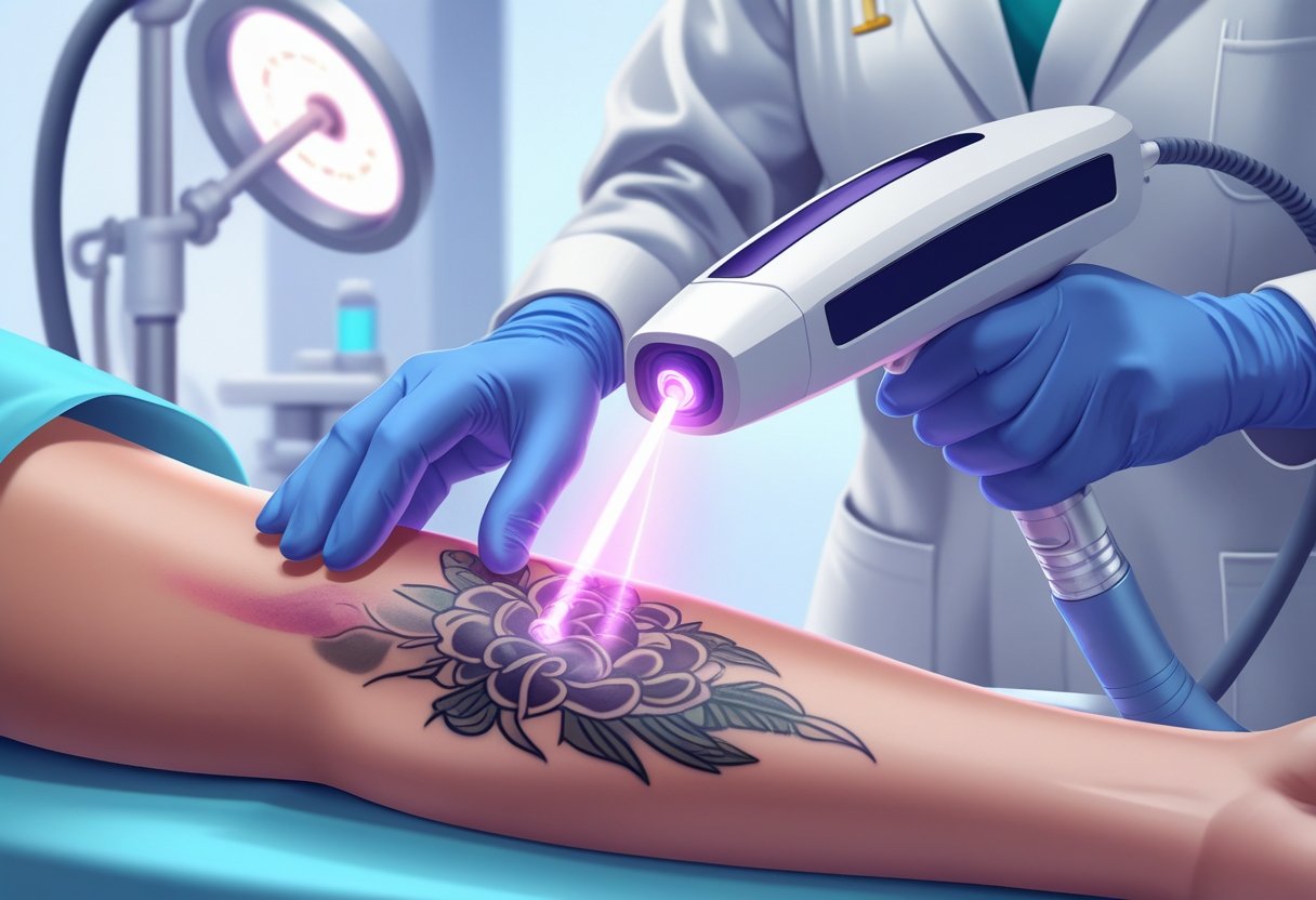 Remoção de Tatuagem a Laser: Como Funciona, Benefícios e Cuidados Pessoa recebendo remoção de tatuagem a laser no braço por profissional em ambiente clínico.
