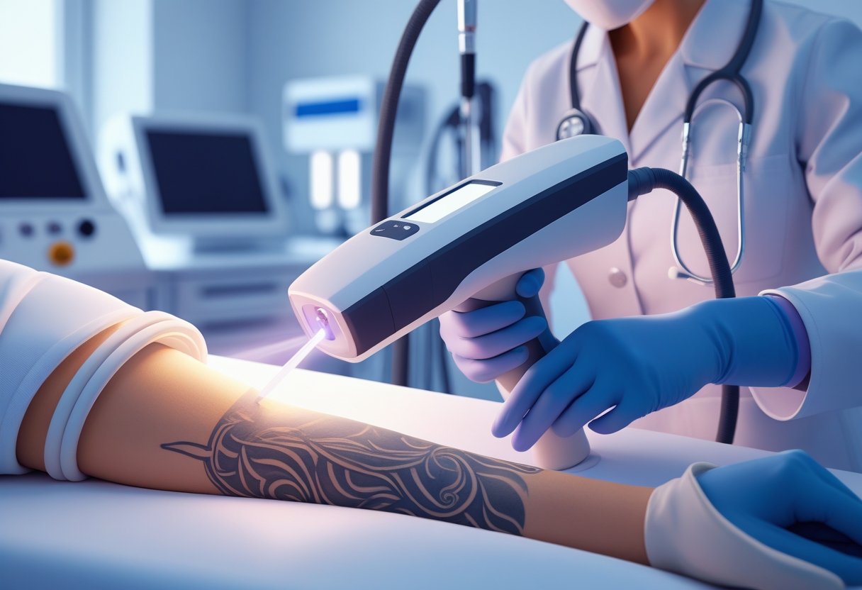 Remoção de tatuagem valor: fatores que influenciam o custo e opções disponíveis Profissional realizando remoção de tatuagem a laser no braço de um paciente em ambiente clínico.