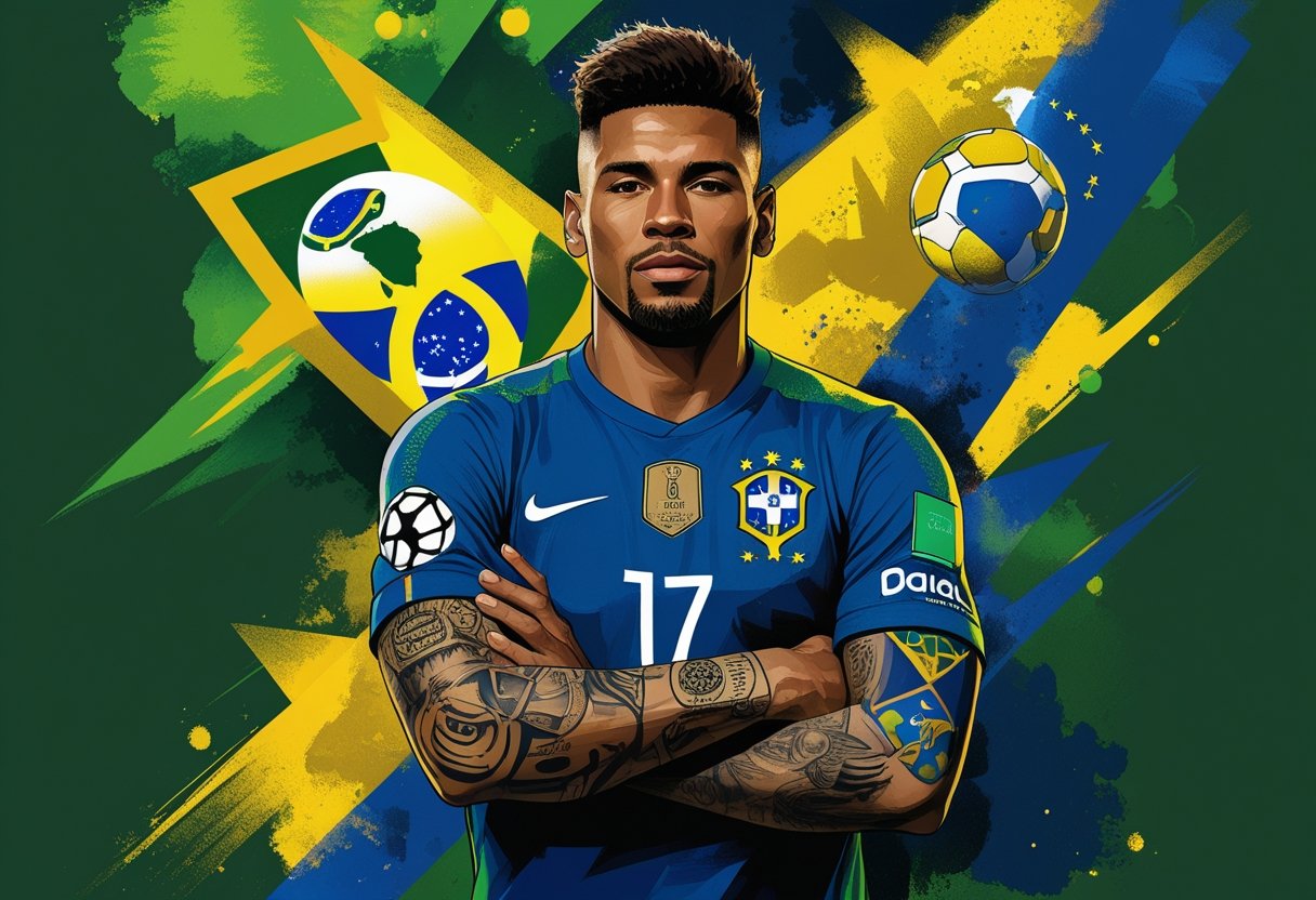 Richarlison Tatuagem: Significados e Inspirações dos Desenhos do Jogador Retrato de Richarlison com uma tatuagem detalhada homenageando ídolos do futebol brasileiro, com elementos simbólicos e cores da bandeira do Brasil ao fundo.
