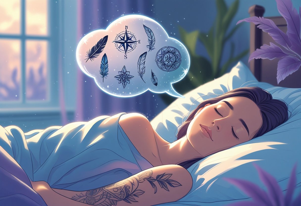 Sonhar com tatuagem: significados, interpretações e mensagens possíveis Pessoa dormindo com um balão de sonho mostrando vários desenhos de tatuagens sobre a cabeça.