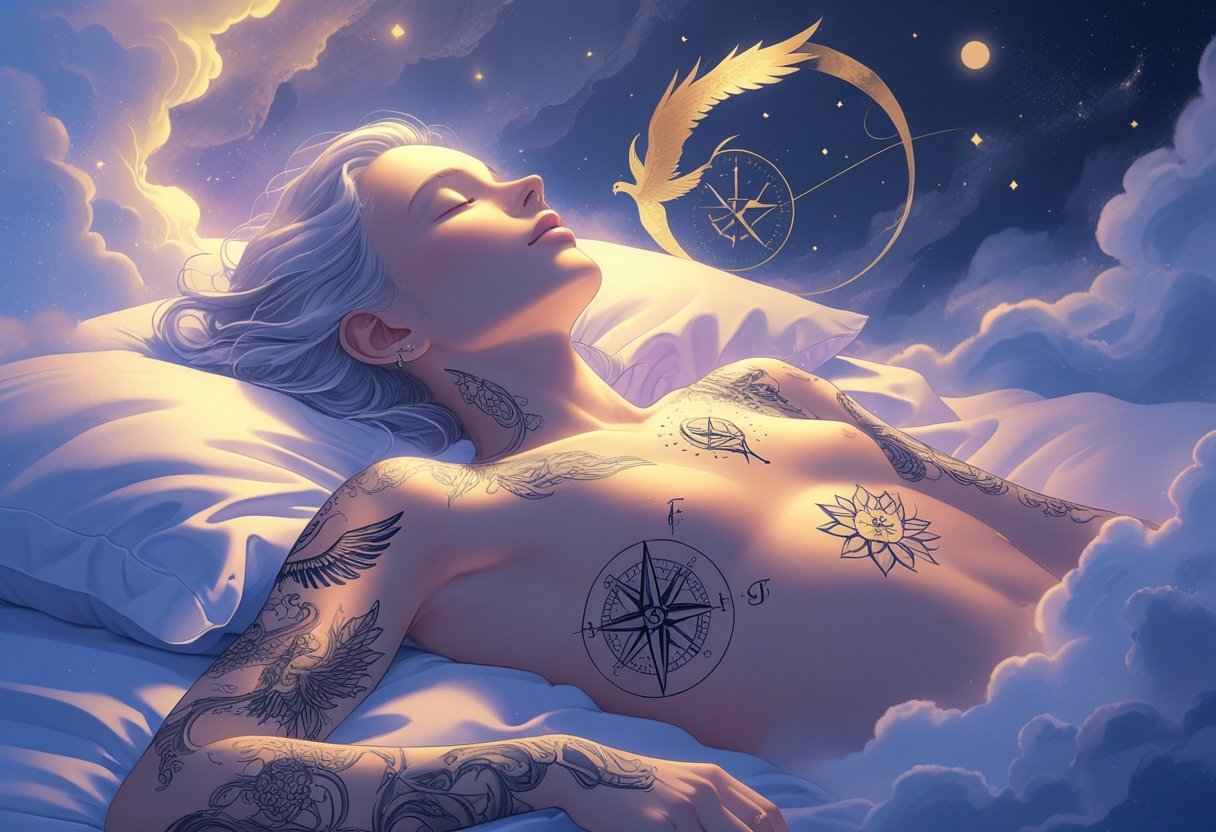 Sonhar com tatuagem: significados, interpretações e mensagens possíveis Pessoa dormindo com tatuagens simbólicas brilhando suavemente na pele, rodeada por nuvens e luzes etéreas que representam um estado de sonho.