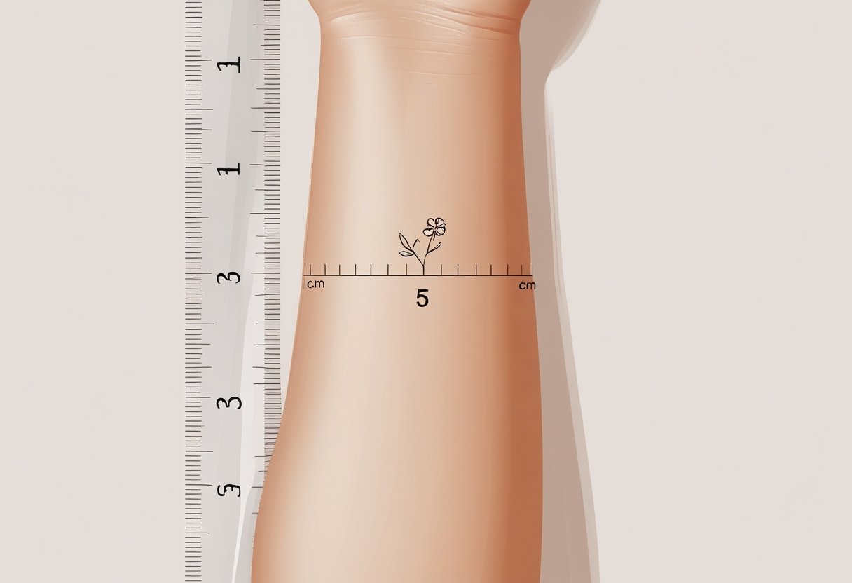 Tatuagem 5 Cm: Dicas, Cuidados e Ideias Criativas Braço com uma tatuagem pequena de 5 centímetros e uma régua transparente ao lado para mostrar o tamanho.