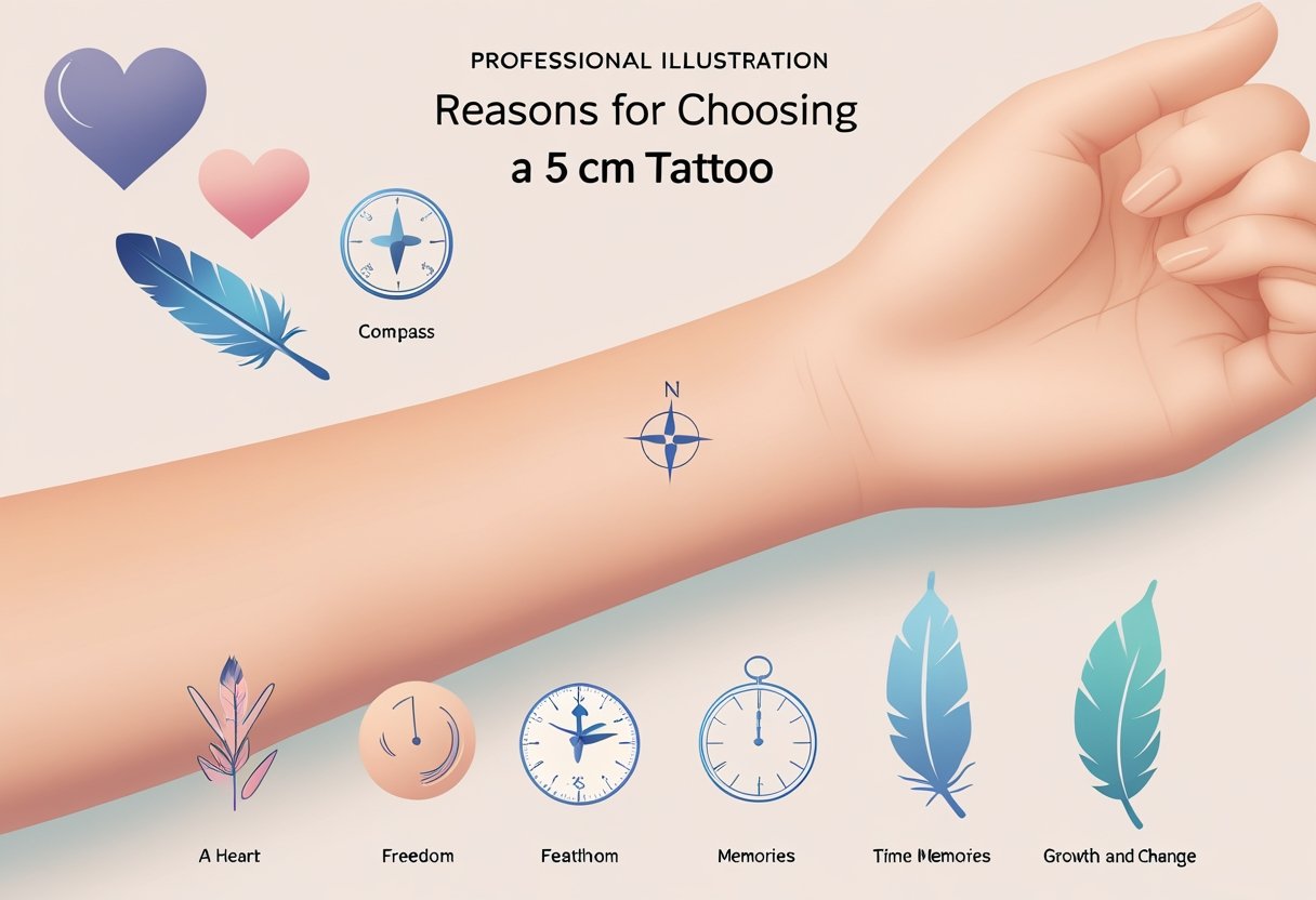 Tatuagem 5 Cm: Dicas, Cuidados e Ideias Criativas Braço com uma tatuagem pequena de 5 cm cercada por ícones que representam amor, direção, liberdade, tempo e crescimento.