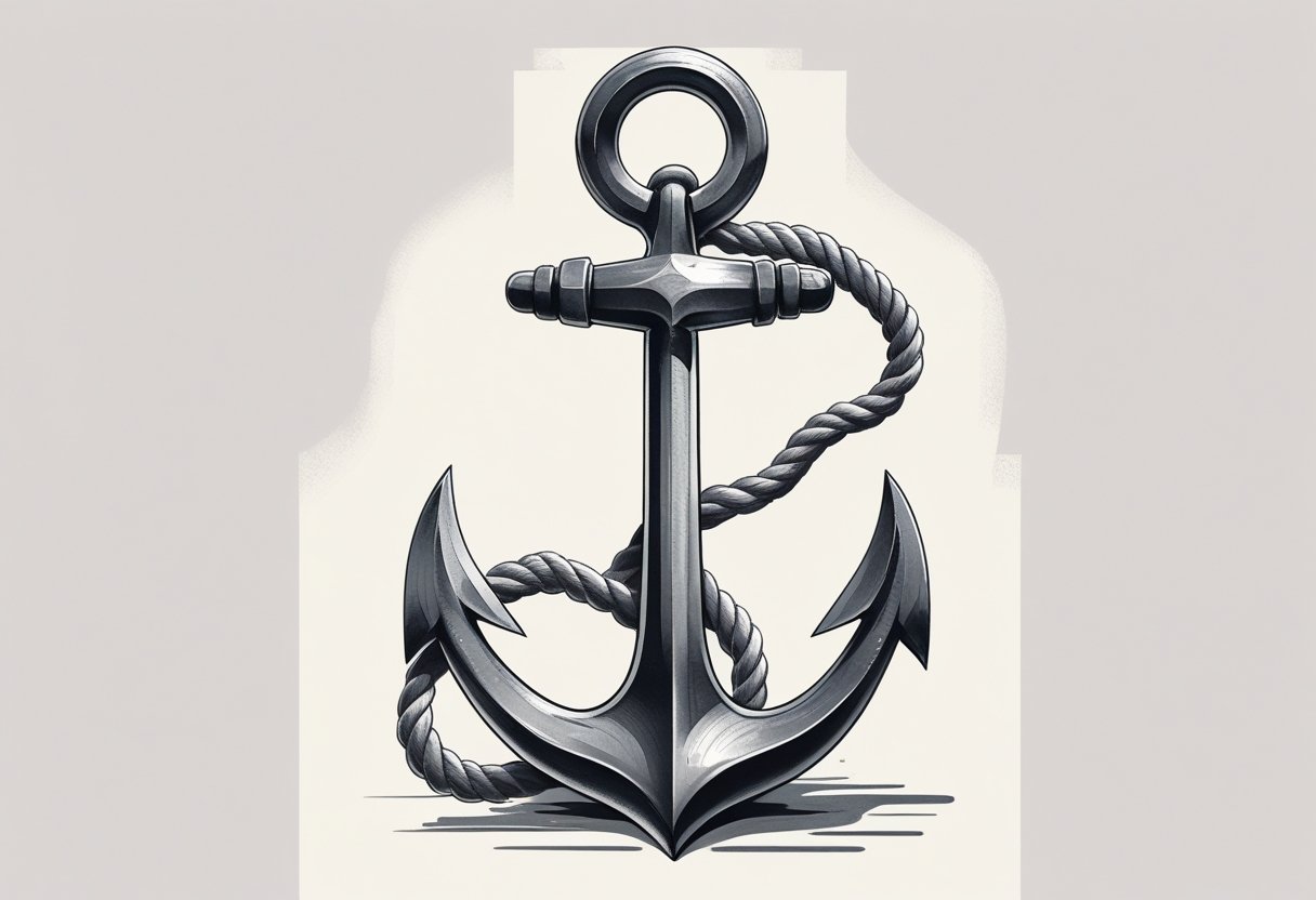 Ilustração de uma tatuagem de âncora com uma corda enrolada ao redor, mostrando um âncora detalhada e centralizada.