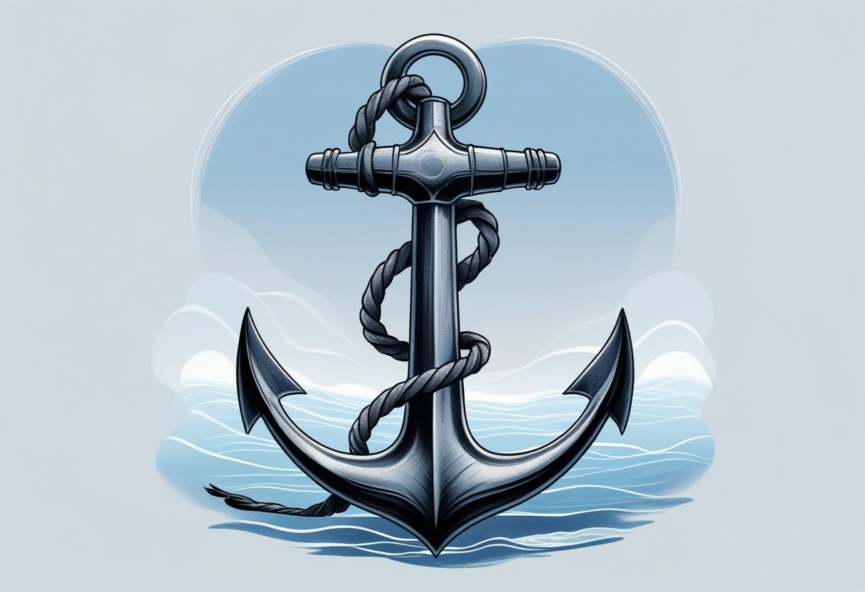Ilustração de uma tatuagem de âncora com corda enrolada, sobre um fundo com tons de azul e ondas suaves.