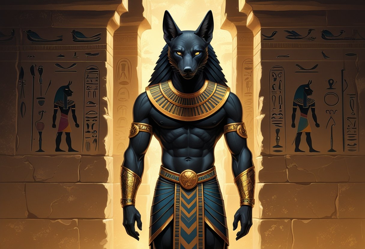 Tatuagem Anubis: Significados, Estilos e Inspirações para sua Arte Figura de Anúbis com cabeça de chacal preto, vestindo roupas tradicionais egípcias, em pé diante de uma parede com hieróglifos.