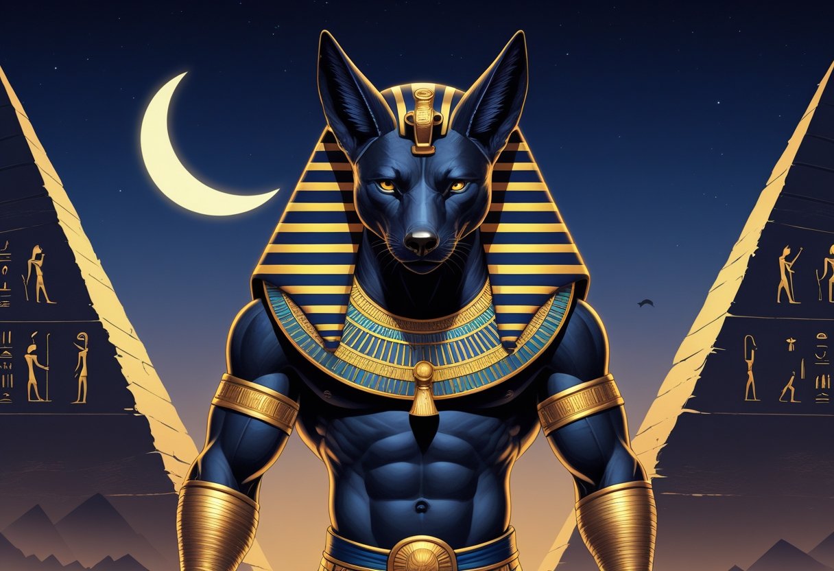 Tatuagem Anubis: Significados, Estilos e Inspirações para sua Arte Figura de Anubis com cabeça de chacal preto e corpo humano, vestido com roupas tradicionais egípcias, em pé diante de hieróglifos e pirâmides sob um céu crepuscular com lua crescente.