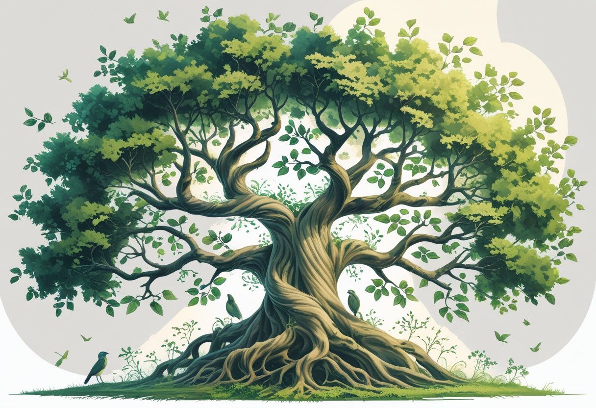 Ilustração de uma árvore com raízes e galhos entrelaçados, representando a Árvore da Vida.