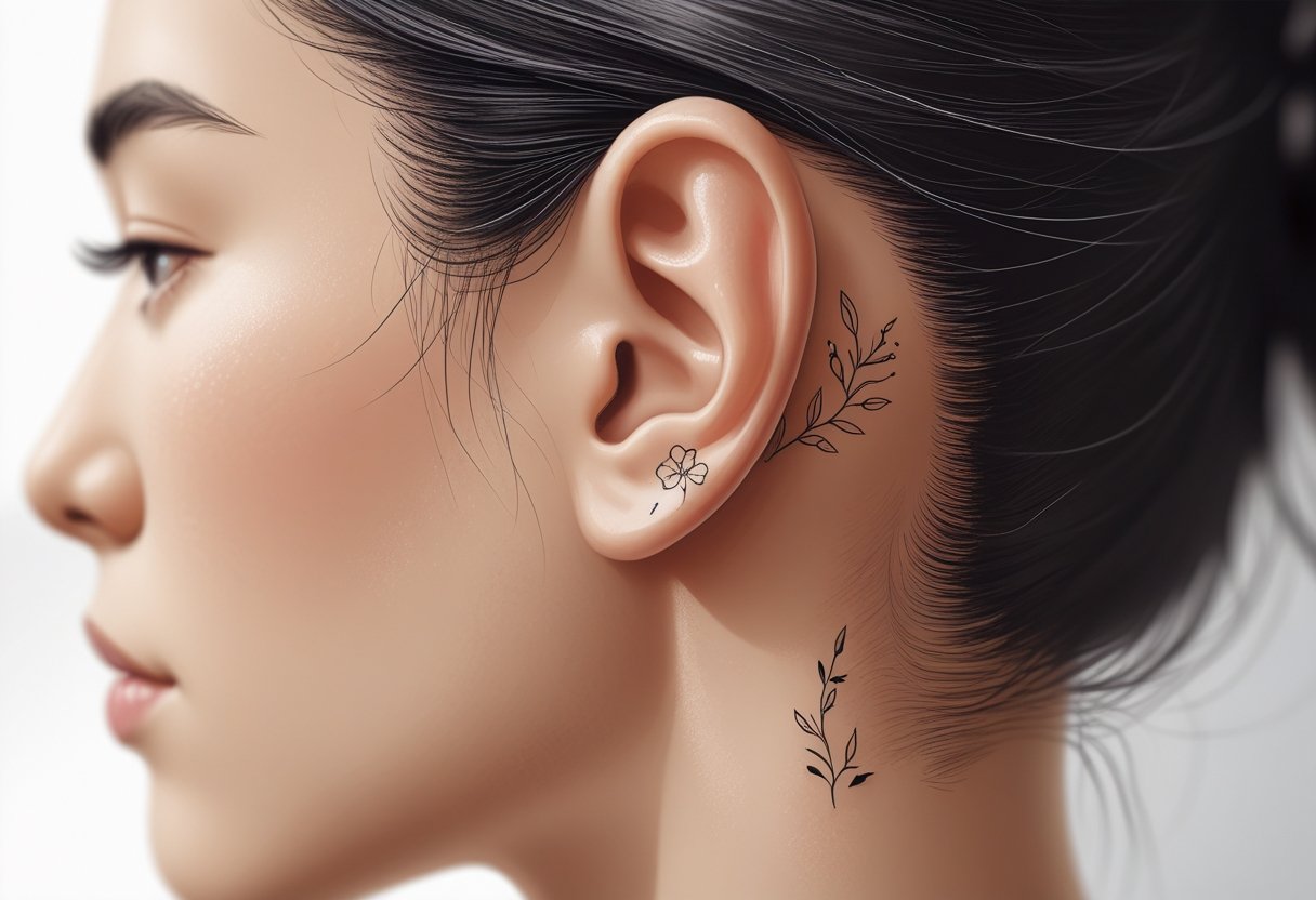 Tatuagem atrás da orelha: ideias, cuidados e dicas essenciais Close-up da lateral da cabeça de uma pessoa mostrando uma tatuagem pequena e delicada atrás da orelha.