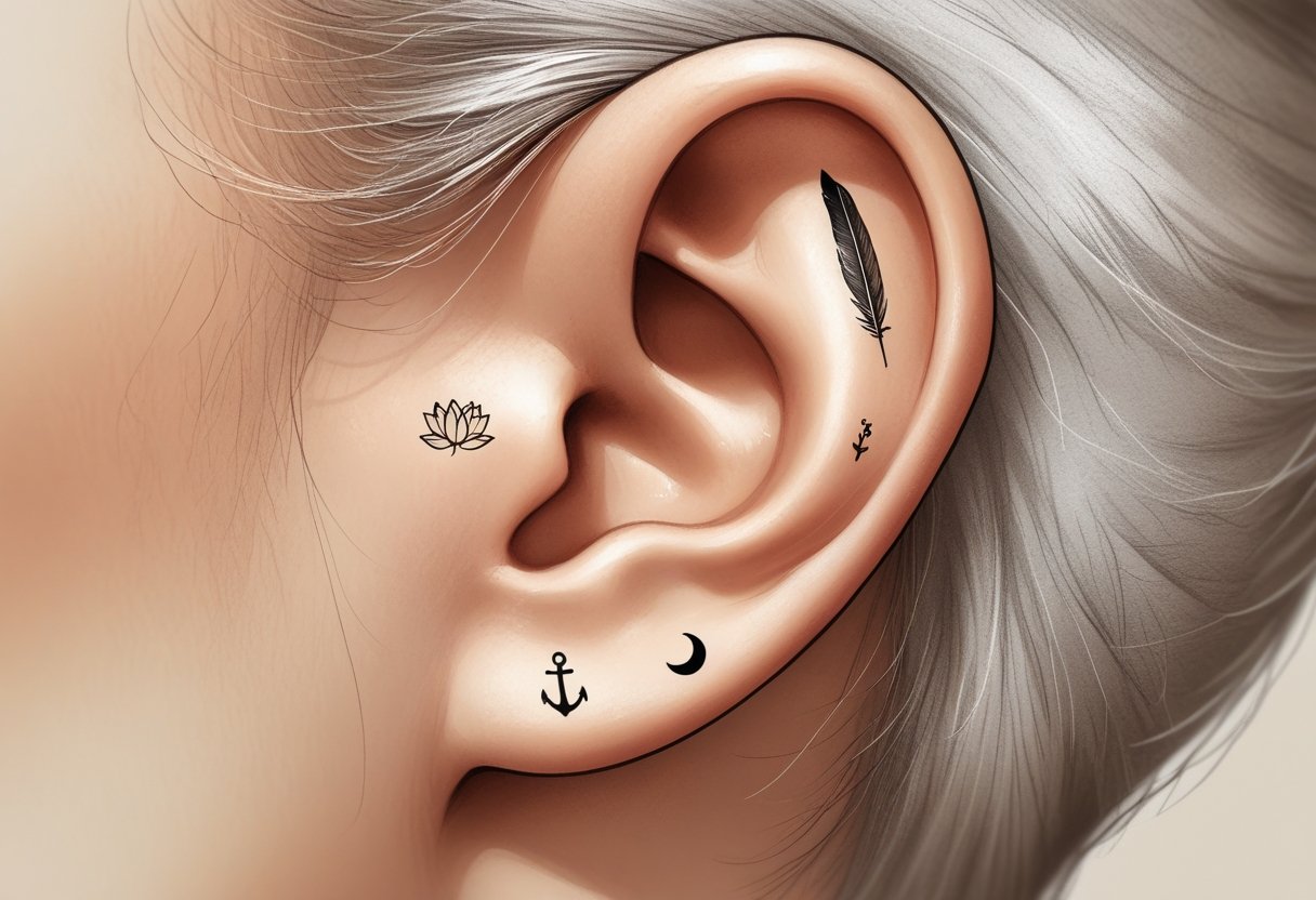 Tatuagem atrás da orelha: ideias, cuidados e dicas essenciais Close-up da área atrás da orelha de uma pessoa mostrando várias tatuagens pequenas e simbólicas.