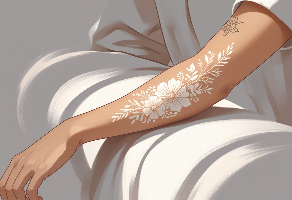 Braço de uma pessoa com uma tatuagem branca detalhada e discreta visível na pele.