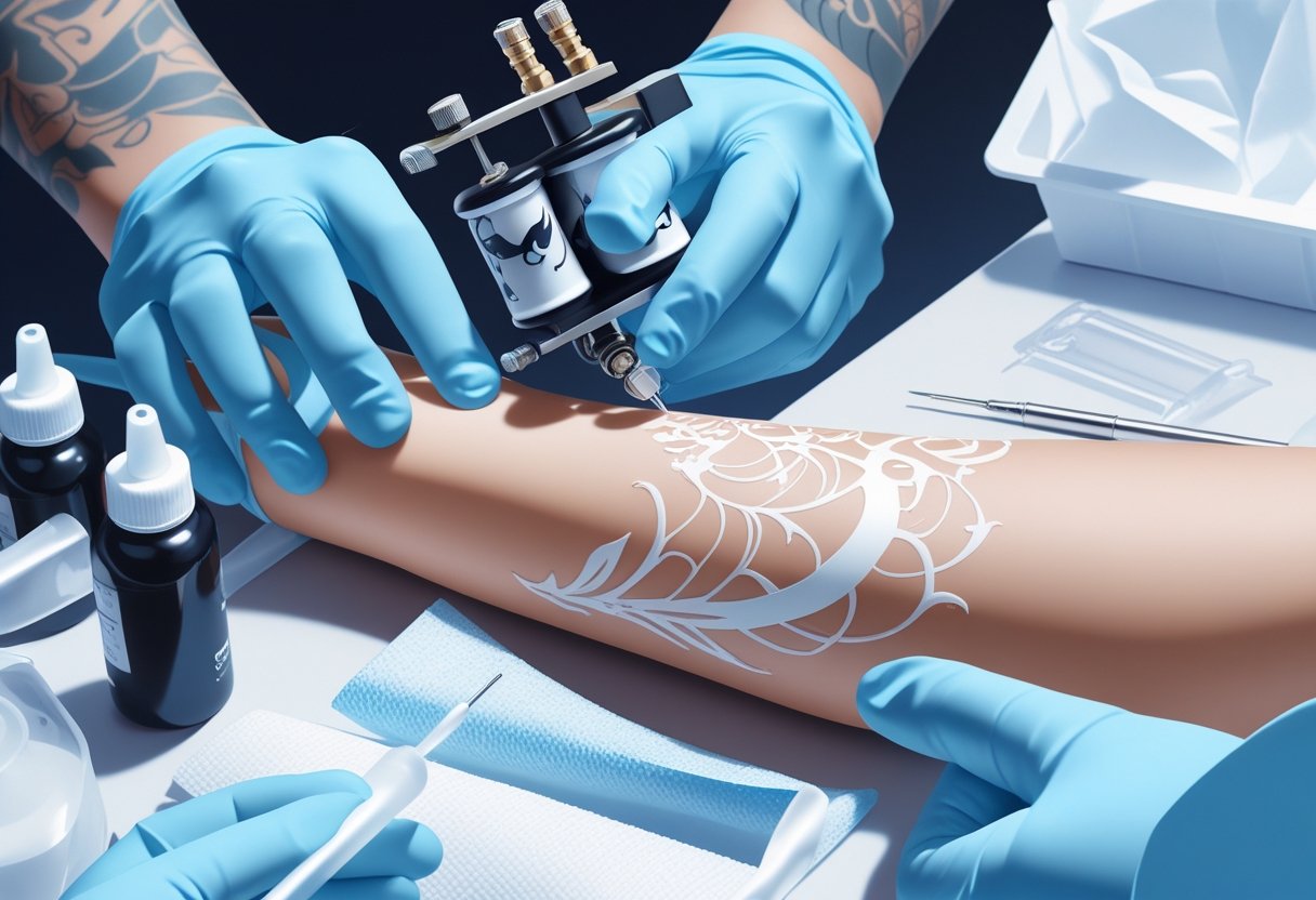 Mãos de um tatuador aplicando tinta branca em um braço, mostrando o processo de uma tatuagem branca sendo feita.