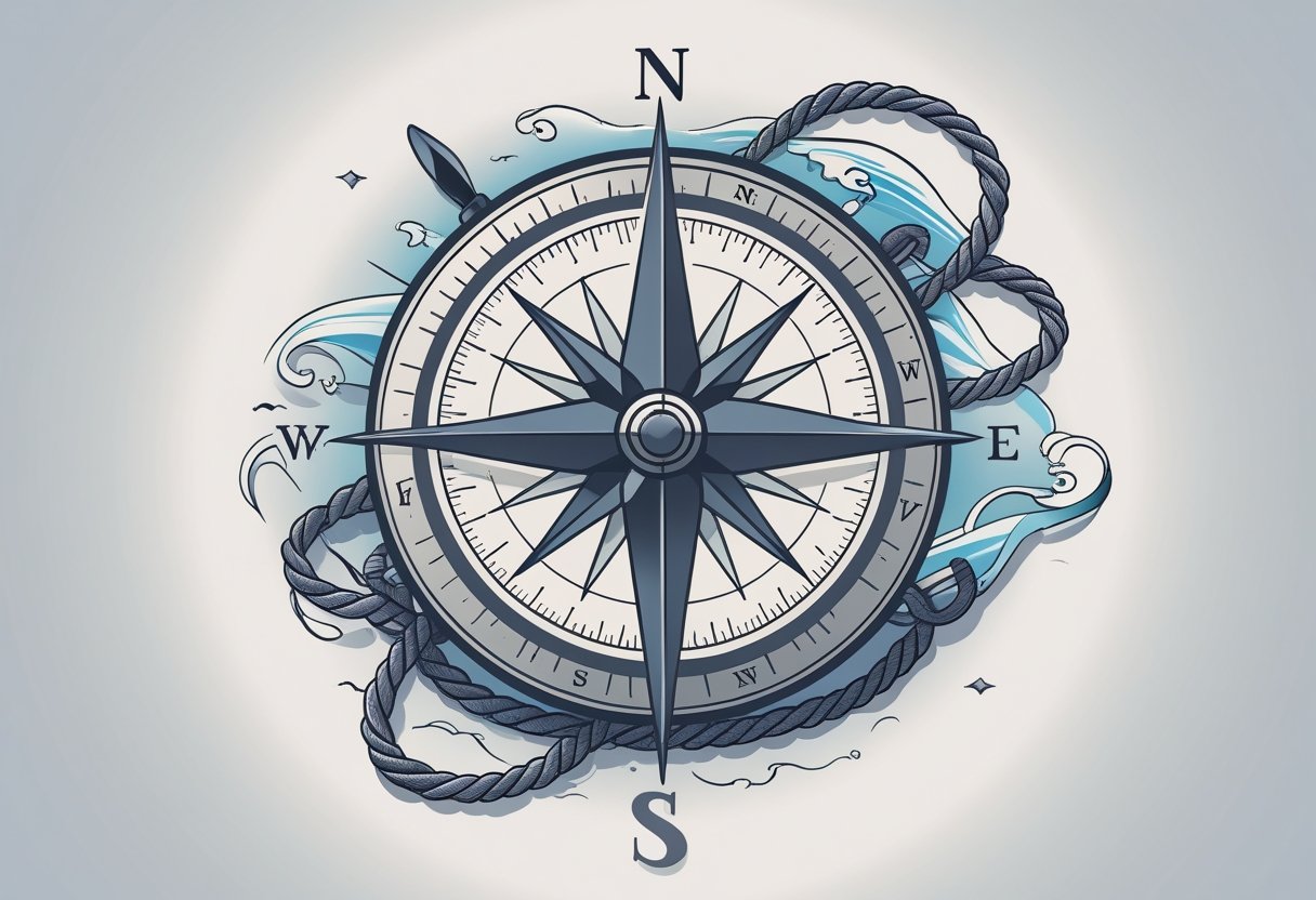 Ilustração detalhada de uma tatuagem de bússola com elementos náuticos ao redor, como corda e âncora, representando direção, orientação e estabilidade.