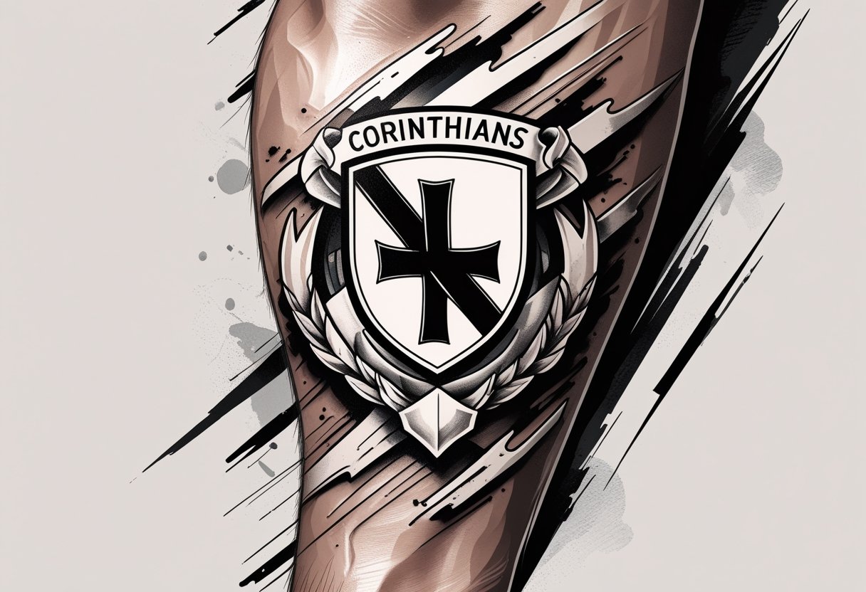 Braço com uma tatuagem do escudo do Corinthians rodeado por elementos náuticos e detalhes sombreados.