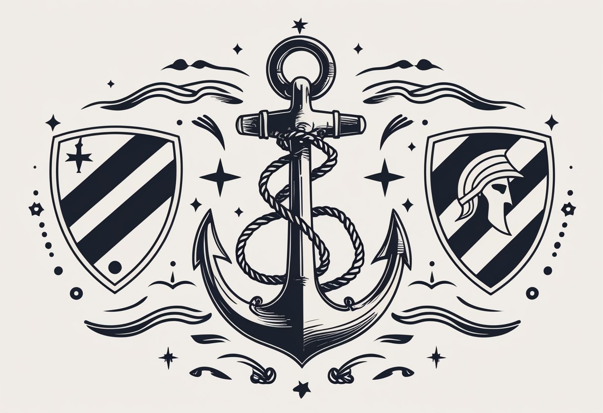 Ilustração mostrando símbolos e escudos usados pelo Corinthians, como uma âncora, uma bandeira estilizada e um capacete antigo, com elementos náuticos ao redor.