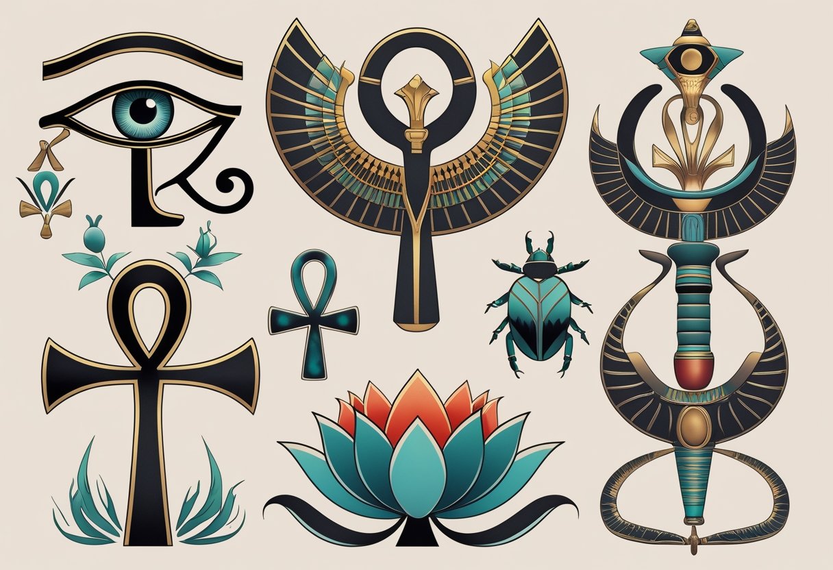 Ilustração mostrando vários símbolos de tatuagens egípcias antigas, como o Olho de Hórus, a Ankh, o escaravelho, a flor de lótus e a serpente Wadjet, dispostos de forma organizada em um fundo neutro.