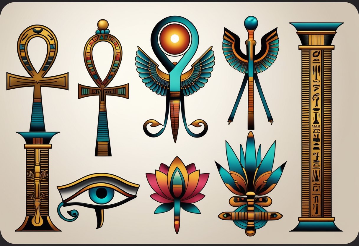 Ilustração mostrando os principais símbolos das tatuagens egípcias, incluindo a cruz ansata, o olho de Hórus, o escaravelho, a flor de lótus, o pilar Djed e a pena de Ma'at, dispostos sobre um fundo neutro.