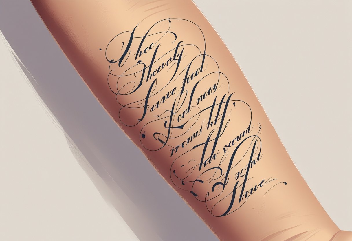 Tatuagem escrita no braço: ideias, significados e inspirações Braço com uma tatuagem escrita em letras cursivas, mostrando detalhes da pele e da tatuagem.