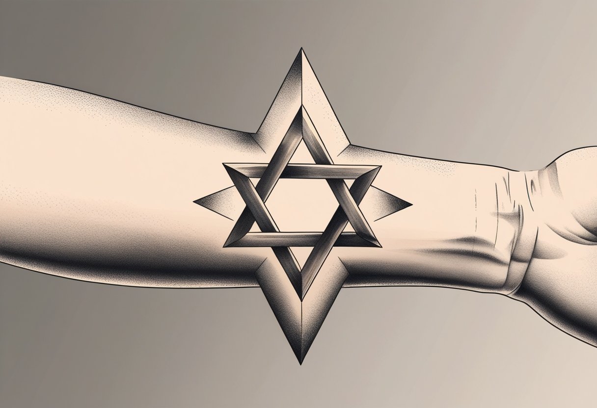 Ilustração detalhada de uma tatuagem da Estrela de Davi no antebraço de uma pessoa.