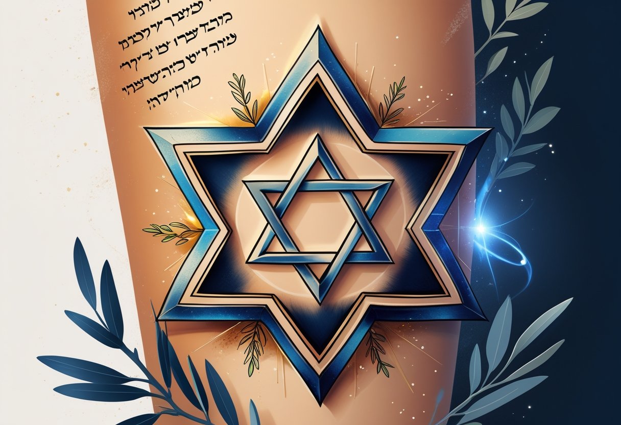Ilustração de uma tatuagem da estrela de Davi com ramos de oliveira ao redor e elementos simbólicos ao fundo.