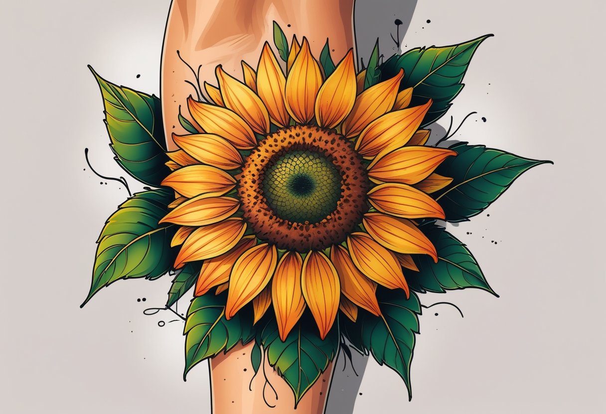 Braço com uma tatuagem detalhada de girassol em destaque.