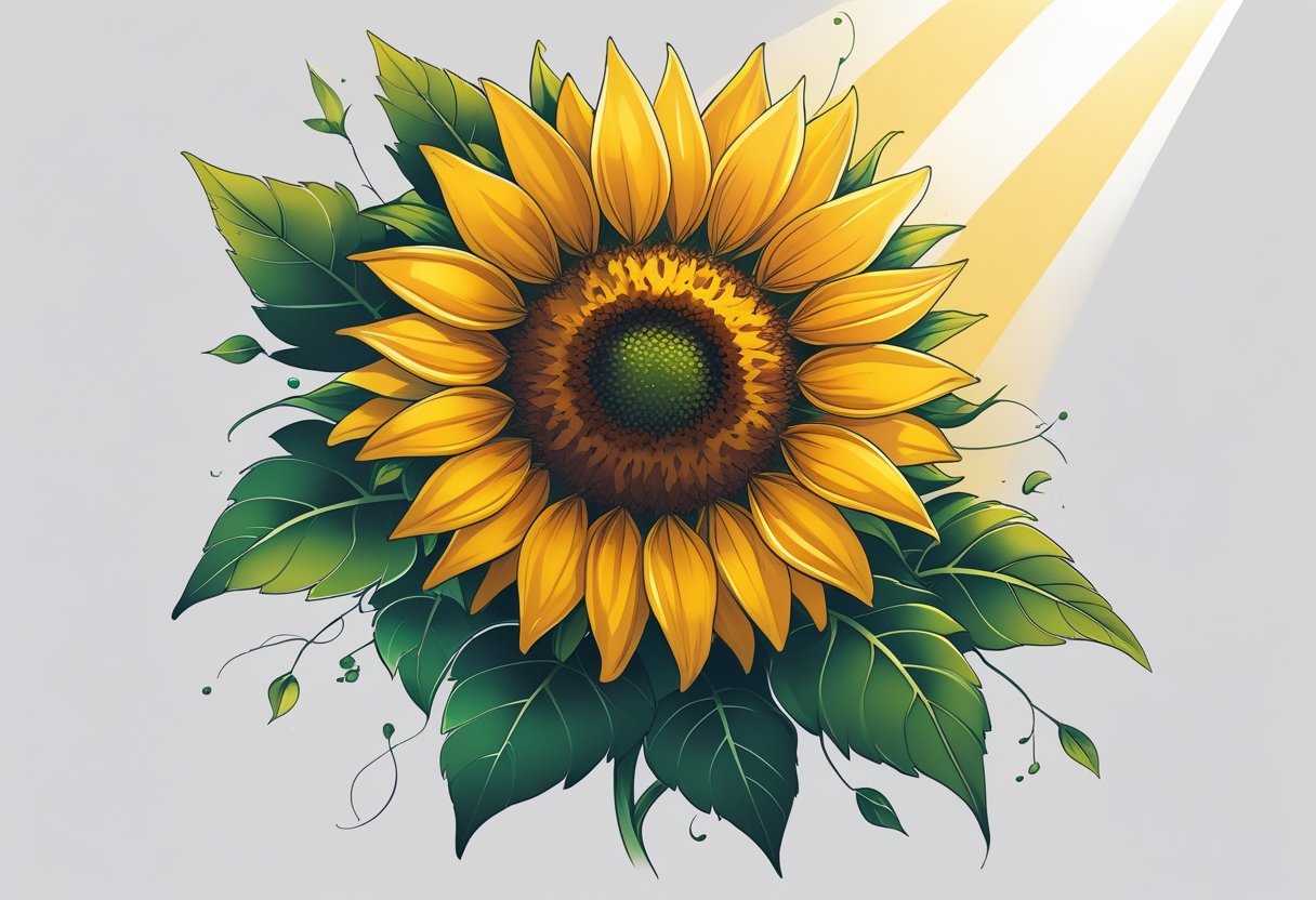 Ilustração detalhada de uma tatuagem de girassol com pétalas amarelas e folhas verdes, simbolizando positividade e alegria.