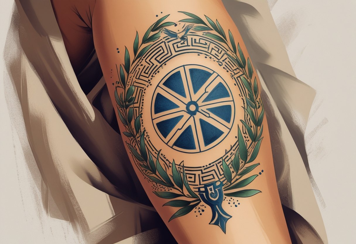 Tatuagem Grega: Significados, Estilos e Inspirações Autênticas Braço com tatuagens detalhadas inspiradas em símbolos e elementos da cultura grega antiga.