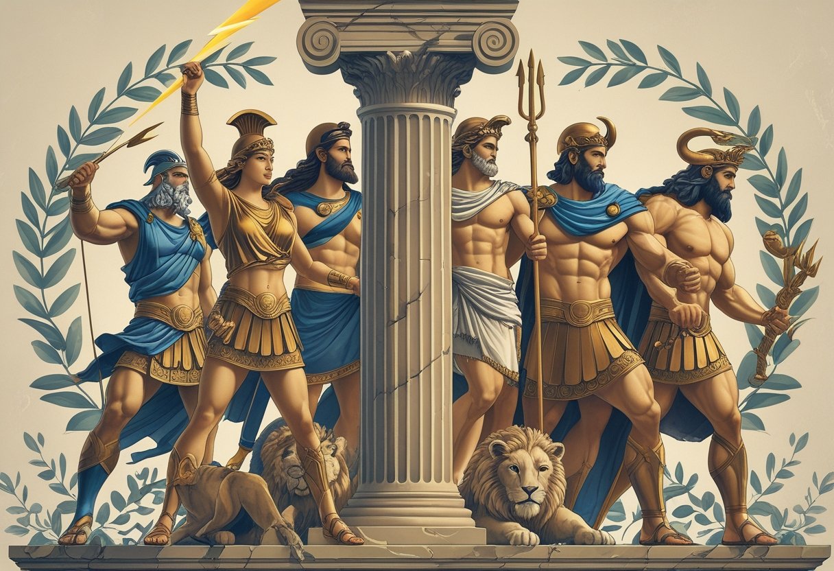 Tatuagem Grega: Significados, Estilos e Inspirações Autênticas Representação dos principais deuses, deusas e heróis gregos em uma cena mitológica, com figuras como Zeus, Atena, Apolo, Ártemis, Poseidon, Hera e Hércules ao redor de uma coluna grega antiga.