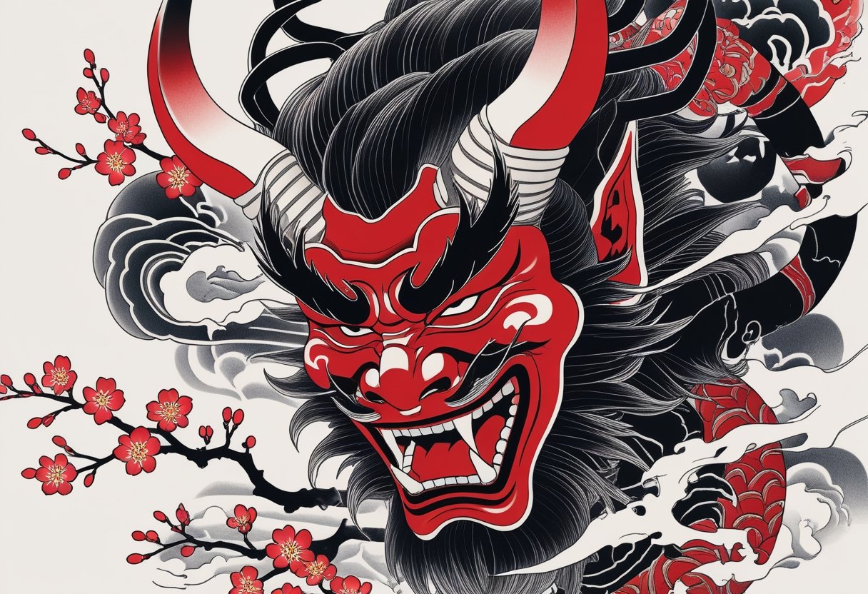 Ilustração de uma máscara Hannya tradicional japonesa com chifres, olhos intensos e expressão ameaçadora, cercada por flores de cerejeira e padrões de vento.