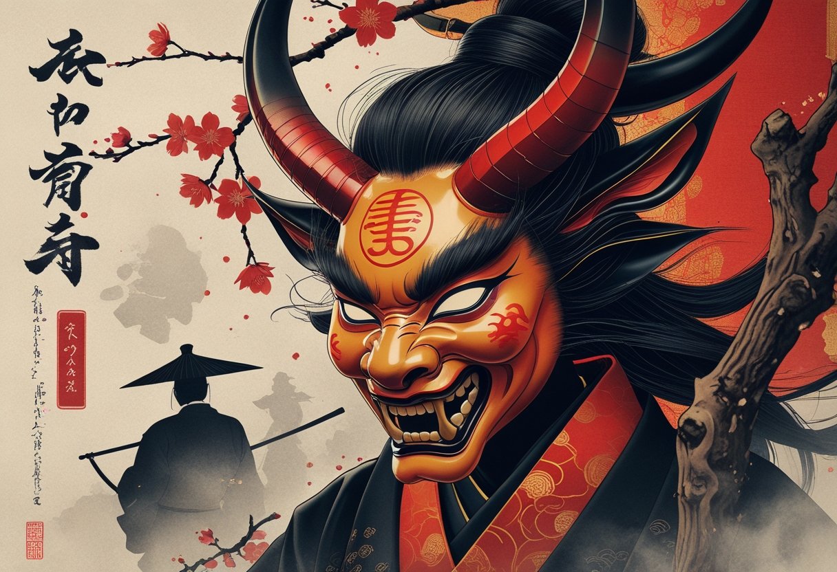 Ilustração de uma máscara Hannya detalhada com elementos tradicionais japoneses ao redor, como flores de cerejeira, um samurai e uma gueixa, em um fundo com padrões antigos e atmosfera mística.