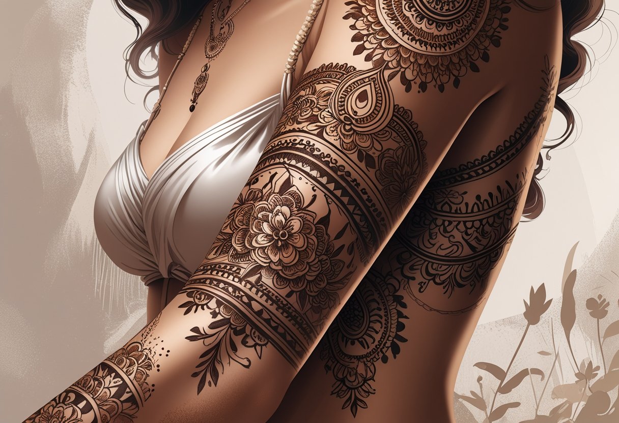 Braço com tatuagem tradicional indiana detalhada em henna, mostrando padrões florais e geométricos.