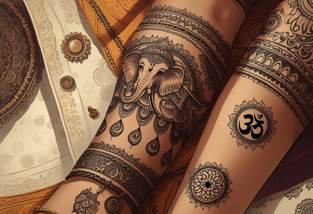 Braço com tatuagens indianas tradicionais detalhadas, mostrando símbolos culturais e espirituais, com fundo que remete a padrões e cores indianas.