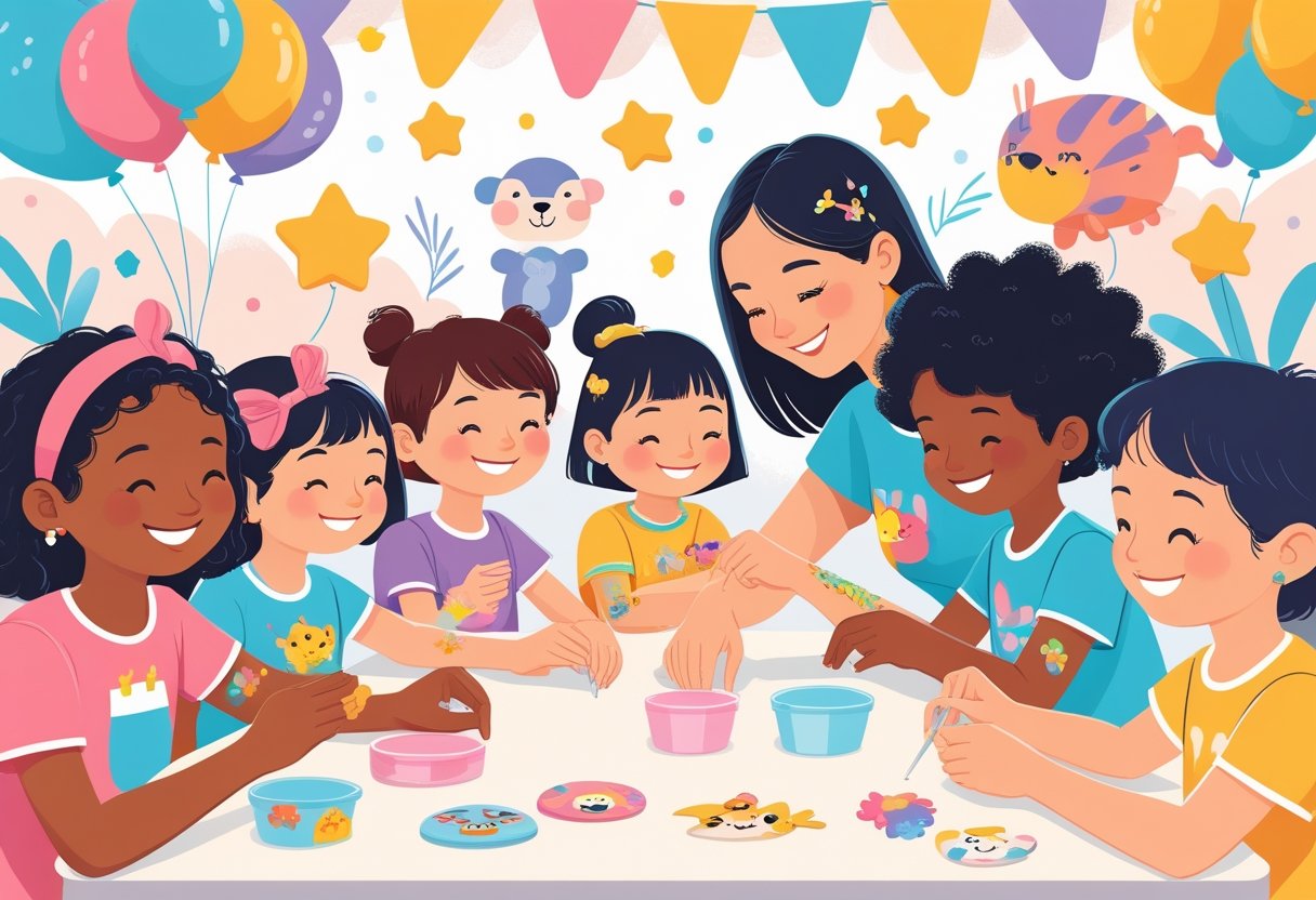 Tatuagem Infantil: Cuidados, Riscos e Dicas para Pais Crianças felizes aplicando tatuagens temporárias coloridas com a ajuda de um adulto em um ambiente alegre e seguro.