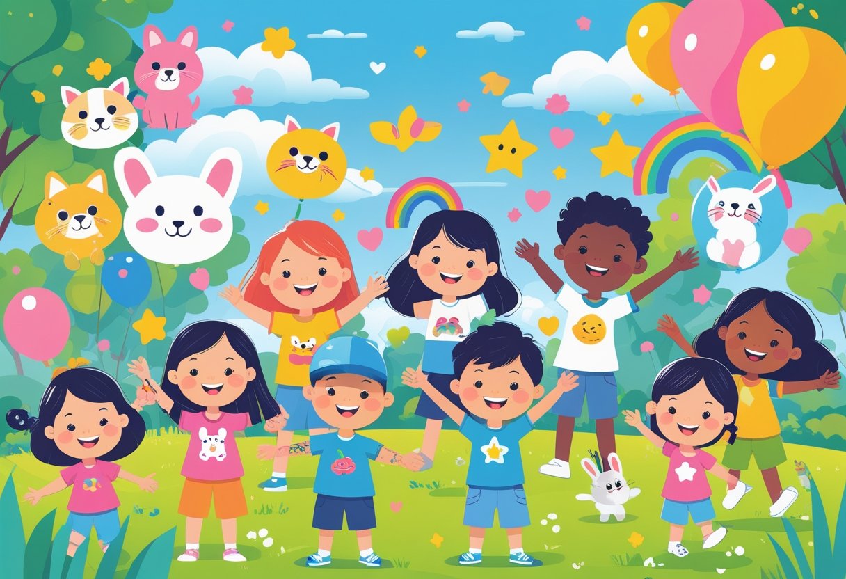 Tatuagem Infantil: Cuidados, Riscos e Dicas para Pais Crianças felizes com tatuagens temporárias coloridas de animais, estrelas e arco-íris nos braços, brincando em um parque ensolarado.