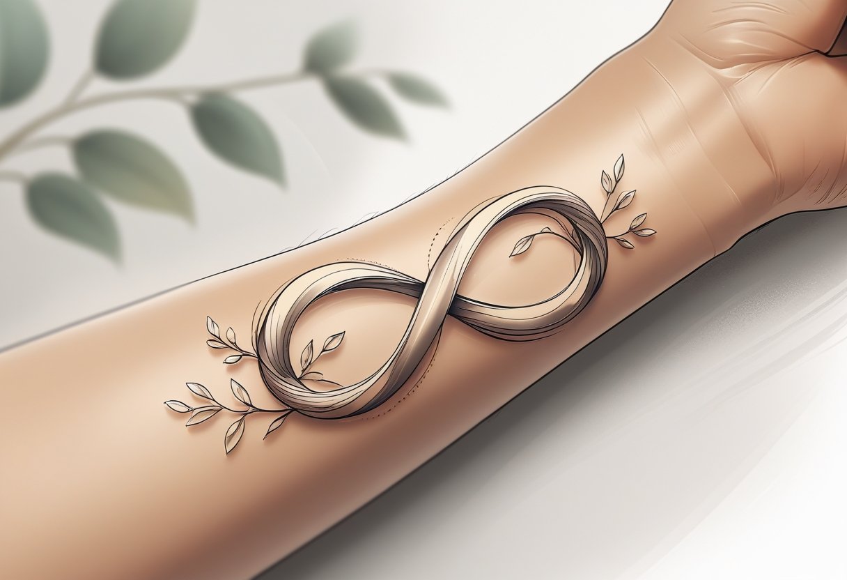 Ilustração de uma tatuagem de símbolo infinito detalhada no antebraço de uma pessoa.