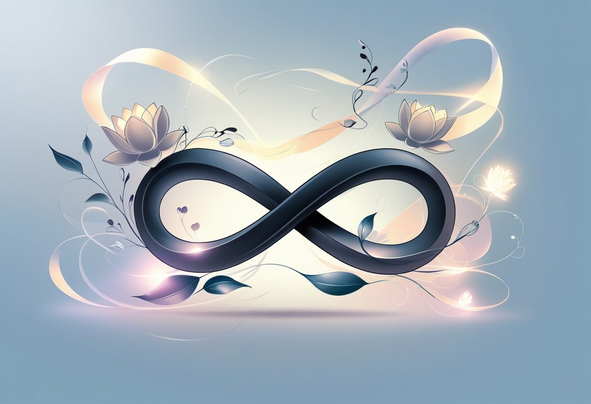 Símbolo de tatuagem infinito com elementos florais e luz suave ao redor, representando continuidade e eternidade.