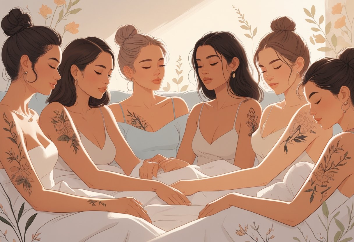 Tatuagem íntima: tudo o que você precisa saber antes de fazer Pessoas em um ambiente tranquilo mostrando discretamente tatuagens em partes íntimas do corpo, transmitindo confiança e expressão pessoal.