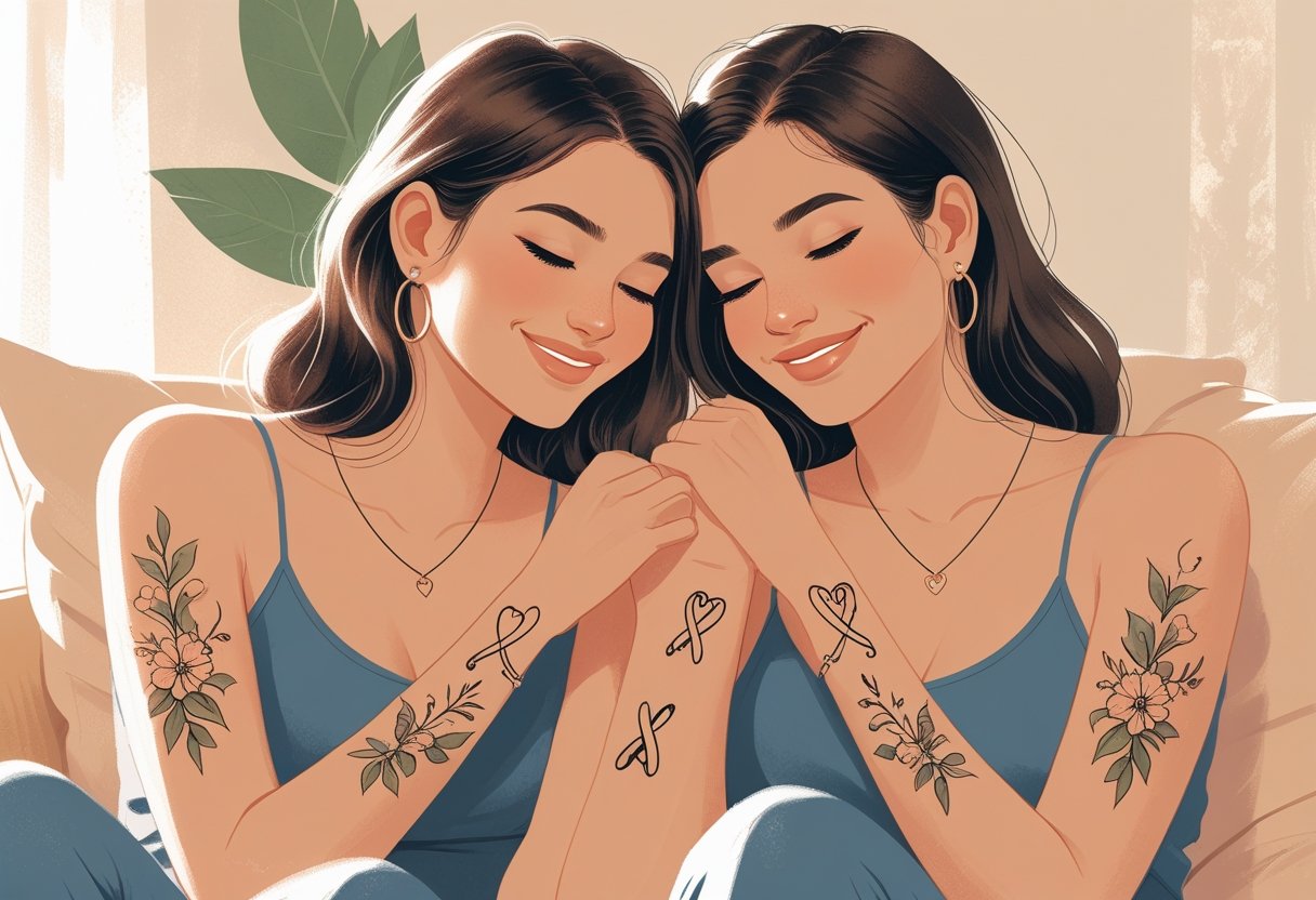 Duas mulheres sentadas próximas, mostrando tatuagens combinando que simbolizam a conexão entre irmãs, sorrindo e demonstrando carinho.