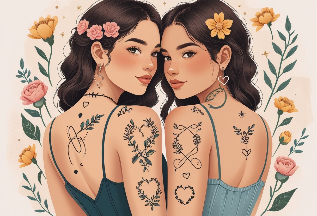 Duas mulheres lado a lado mostrando tatuagens combinando que simbolizam a ligação entre irmãs.