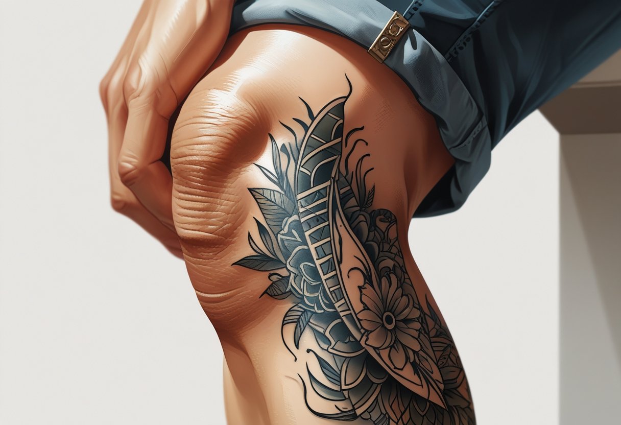 Close-up de um joelho humano com uma tatuagem detalhada envolvendo a área do joelho.