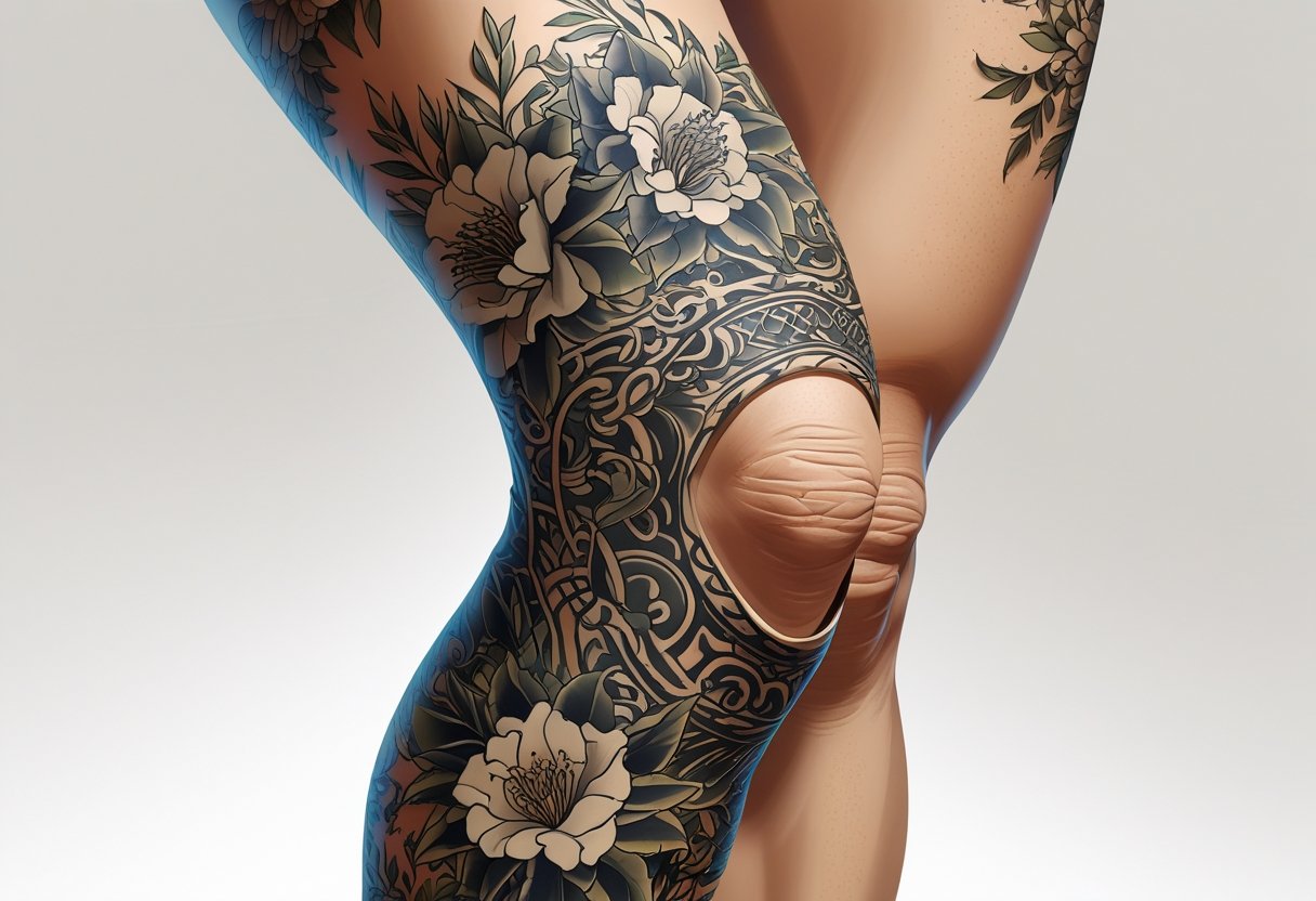 Ilustração de um joelho humano com uma tatuagem detalhada envolvendo a articulação, destacando a pele e o desenho da tatuagem.