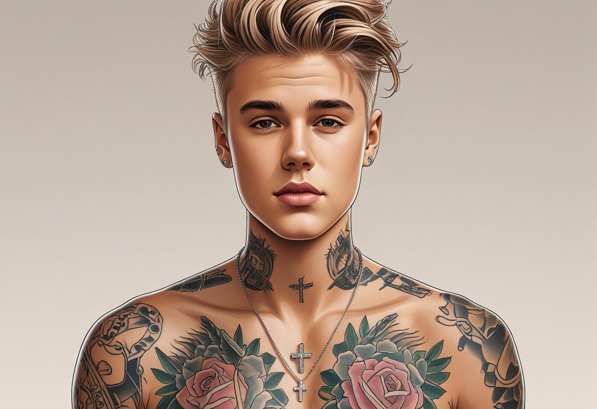 Tatuagem Justin Bieber: Significados e Inspirações das Artes no Corpo do Cantor Retrato de Justin Bieber mostrando suas tatuagens detalhadas no pescoço, braços e peito.